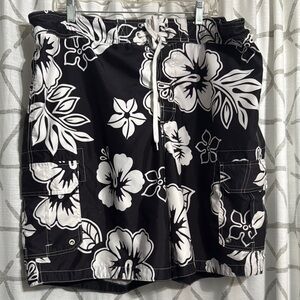 Merona Black and White Floral Swim Trunks